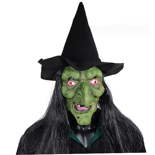 Yililay Hexenmaske, Halloween-Horror-Maske mit Haaren und Hut, Cosplay, gruselige volle grüne Hexenmaske, Halloween, Karneval, Kostümparty von Yililay