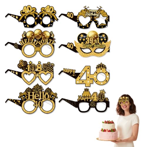 8 Stück 40 Geburtstag Partybrille Deko,Geburtstagsdeko für Frauen Mann zum Foto Requisiten Gebustag,Happy Birthday Party Zubehör,Lustige Brillen Foto Deko, Schwarz Golde Papierbrillen (40 Geburtstag) von YingMengZhiGe