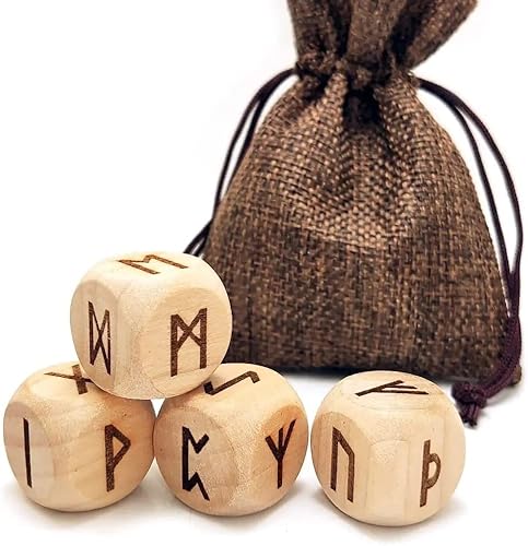 4 Stück/Set Runen-Würfelset aus Holz, 24 geschnitzte alte Wahrsagungssymbole, Runenholzwürfel für zukünftige Wahrsagungsspiel und Meditation von YingRen