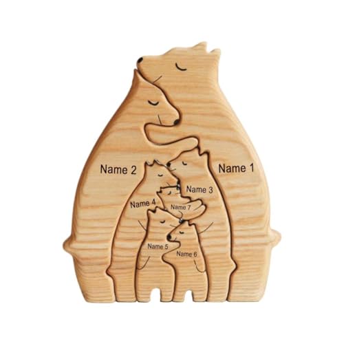 Yiokii Personalisierbares Holzbär-Puzzle mit 2-7 Familiennamen, Holzskulptur, Weihnachten, Geburtstagsgeschenke für Mama, Papa, Geschenkideen zur Einweihung, Dekor aus Holz von Yiokii