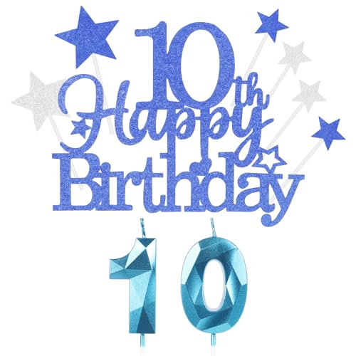 Yiran Kuchen Deko 10 Geburtstag Mädchen Jungen, Happy 10th Birthday Blau Cake Topper with 3D Geburtstag Kerzen Nummer 10,Geburtstag Cake für Teenager Junge Party Decoration (9 Stück) von Yiran