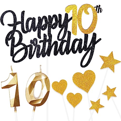 Kuchen Deko 10. Geburtstag für Mädchen und Jungen - Happy Birthday Schwarz Gold Cake Topper mit 3D Kerzen Nummer 10 - Dekoration für Mann und Frau (9 Stück) von Yiran