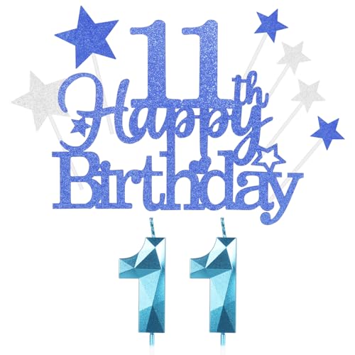 Kuchen Deko 11. Geburtstag für Mädchen und Jungen - Happy 11th Birthday Blau Cake Topper Mit 3D Kerzen Nummer 11 - Party Decoration für Teenager (9 Stück) von Yiran
