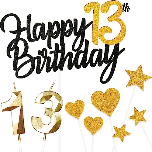 Kuchen Deko 13. Geburtstag Mädchen Jungen, Happy 13th Birthday Schwarz Gold Cake Topper Mit 3D Kerzen Nummer 13 für Mann Frau Cake Dekoration (9 Stück) von Yiran