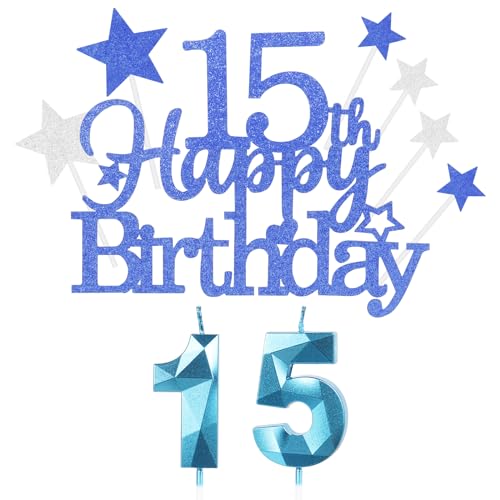 Kuchen Deko 15. Geburtstag für Mädchen und Jungen - Happy 15th Birthday Blau Cake Topper Mit 3D Kerzen Nummer 15 - Party Decoration für Teenager (9 Stück) von Yiran