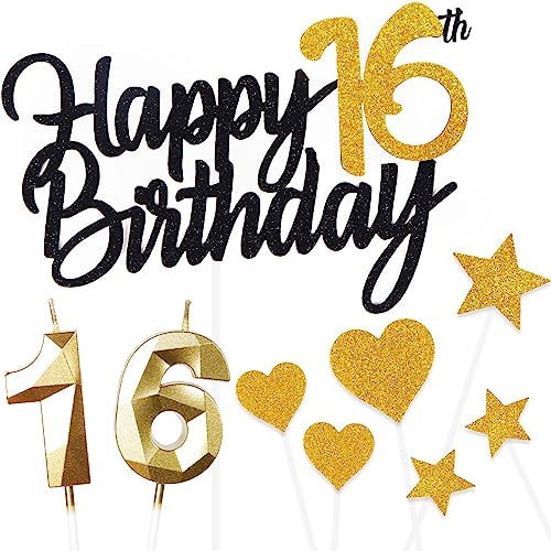 Kuchen Deko 16. Geburtstag für Mädchen und Jungen - Happy 16th Birthday Schwarz Gold Cake Topper Mit 3D Kerzen Nummer 16 für Mann und Frau - Cake Dekoration (9 Stück) von Yiran