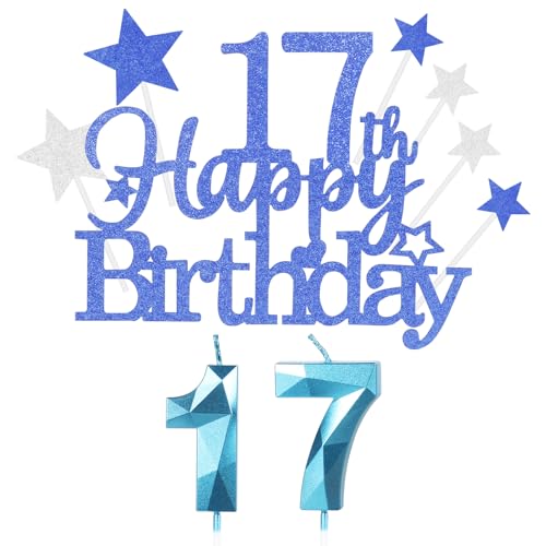 Kuchen Deko 17. Geburtstag für Mädchen und Jungen - Happy 17th Birthday Blau Cake Topper Mit 3D Kerzen Nummer 17 - Party Decoration für Teenager (9 Stück) von Yiran