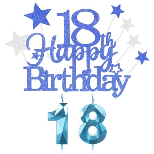 Kuchen Deko 18 Geburtstag Mädchen Jungen,Happy 18th Birthday Blau Cake Topper with 3D Geburtstag Kerzen Nummer 18,Geburtstag Cake für Teenager Junge Party Decoration (9 Stück) von Yiran