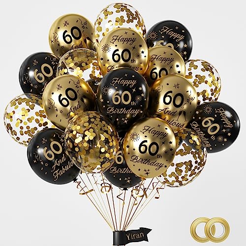 Luftballons zum 60. Geburtstag, 15 Stück, schwarz, gold, Happy 60th Birthday, Latex-Konfetti-Luftballons, 60. Geburtstag, Party-Dekorationen, Dekoration, Jubiläumszubehör (Alter 60) von Yiran
