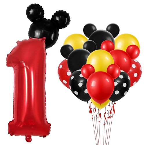 Mickey Thema Luftballons Deko 1. Geburtstag Mädchen Junge, Luftballons Zahlen 1 Rot 32 Zoll, Mickey Kindergeburtstag Luftballons Schwarz 18 Zoll und Schwarze Rote Gelbe Polka Dot Latexballon von Yiran