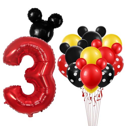 Mickey Thema Luftballons Deko 3. Geburtstag Mädchen Junge, Luftballons Zahlen 3 Rot 32 Zoll, Mickey Kindergeburtstag Luftballons Schwarz 18 Zoll und Schwarze Rote Gelbe Polka Dot Latexballon von Yiran
