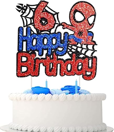 Spiderman Tortendeko 6 Geburtstag, Happy Birthday Tortendek， Superhelden Cake Topper, Doppelseitiger Glitter Kindergeburtstag Kuchen Deko für Mädchen Junge Baby von Yiran