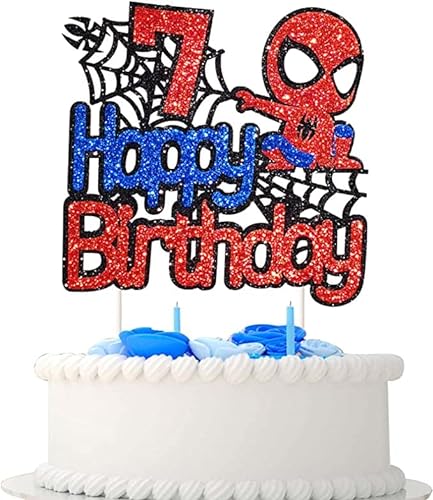 Spiderman Tortendeko 7 Geburtstag, Happy Birthday Tortendek， Superhelden Cake Topper, Doppelseitiger Glitter Kindergeburtstag Kuchen Deko für Mädchen Junge Baby von Yiran