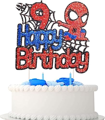 Spiderman Tortendeko 9 Geburtstag, Happy Birthday Tortendek， Superhelden Cake Topper, Doppelseitiger Glitter Kindergeburtstag Kuchen Deko für Mädchen Junge Baby von Yiran