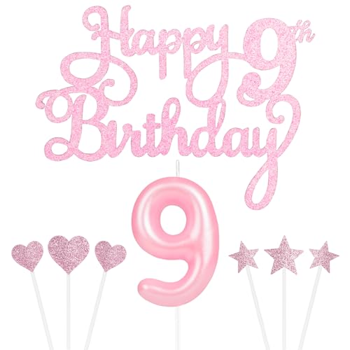 Tortenaufsatz "Happy 9th Birthday" mit rosa Kerzen der Zahl 9, Sternherz, Cupcake-Topper, Dekorationsset für Sie und Ihn, Mädchen, Geburtstag, Jahrestag (Set 8) von Yiran