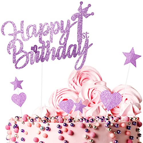 Yiran 7Stück Happy 1st Birthday Cake Topper Kuchendeko Dekoration. Doppelseitig Geburtstag Mädchen Rosa Tortendeko 1 Geburtstag Mit Herz Stern Glitter Cake Topper für 1 Geburtsta von Yiran