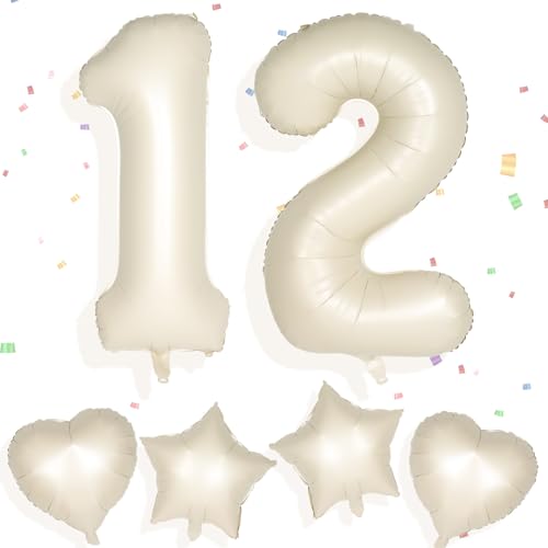 Yiran Cremefarbene Zahlenballons, 31,5 cm, große Zahl 12, Geburtstagsballons mit 45,7 cm cremefarbenen Folien-Herzballons, Ziffern-Helium-Mylar-Zahlenballon für Jungen, Mädchen, Geburtstagsparty, von Yiran