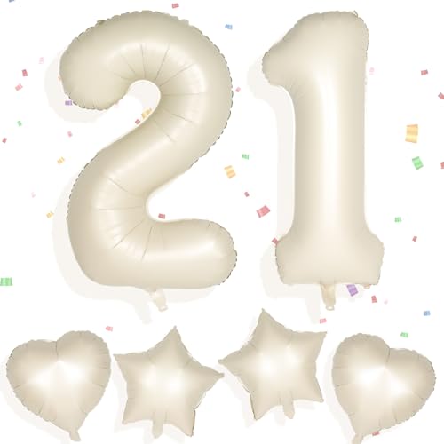 Yiran Cremefarbene Zahlenballons, 54,5 cm, große Zahl 21, Geburtstagsballons mit 45,7 cm cremefarbenen Folienherzballons, Ziffern-Helium-Mylar-Zahlenballon für Jungen, Mädchen, Geburtstagsparty, von Yiran