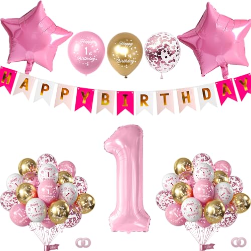 Yiran Dekoration für Mädchen zum 1. Geburtstag, rosa Luftballons zum 1. Geburtstag und "Happy Birthday"-Banner, Folienballon für Mädchen, 1 Jahr, Partyzubehör von Yiran