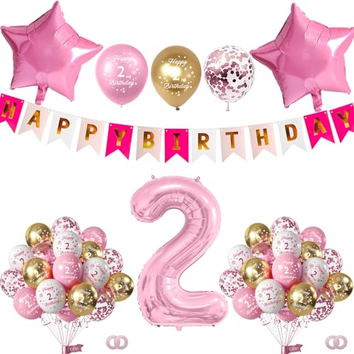 Yiran Dekoration für Mädchen zum 2. Geburtstag, rosa Luftballons zum 2. Geburtstag und "Happy Birthday"-Banner, Folienballon für Mädchen, 2 Jahre altes Partyzubehör von Yiran
