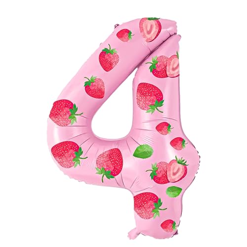 Yiran Erdbeerrosa Helium-Mylar-Luftballons mit Zahl 4 – 81,3 cm Helium-Folienballons zum 4. Geburtstag, rosa Geburtstagsdekorationen für Mädchen, Jungen, Kinder von Yiran