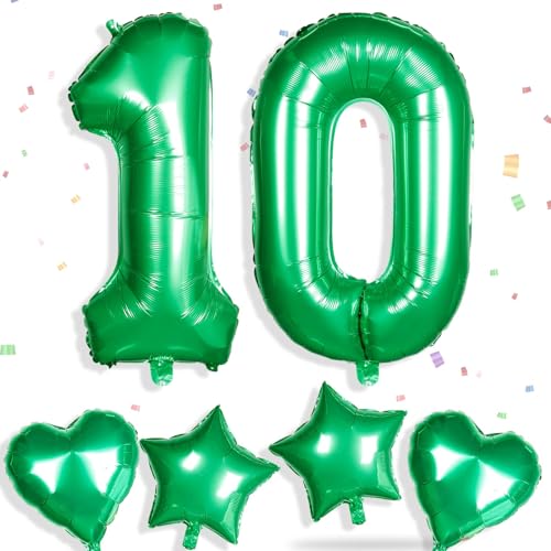 Yiran Folienballons mit Zahl 10, 81,3 cm, große Zahl 10, Geburtstagsballons mit 45,7 cm großen grünen Folien-Herzballons, Ziffern-Helium-Mylar-Zahlenballon für Jungen, Mädchen, Geburtstag, Party, von Yiran