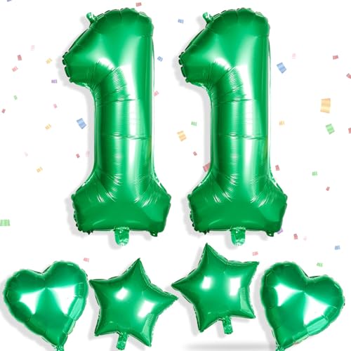 Yiran Folienballons mit Zahl 11, 81,3 cm, große Zahl 11 Geburtstagsballons mit 45,7 cm großen grünen Folien-Herzballons, Ziffern-Helium-Mylar-Zahlenballon für Jungen, Mädchen, Geburtstag, Party, von Yiran