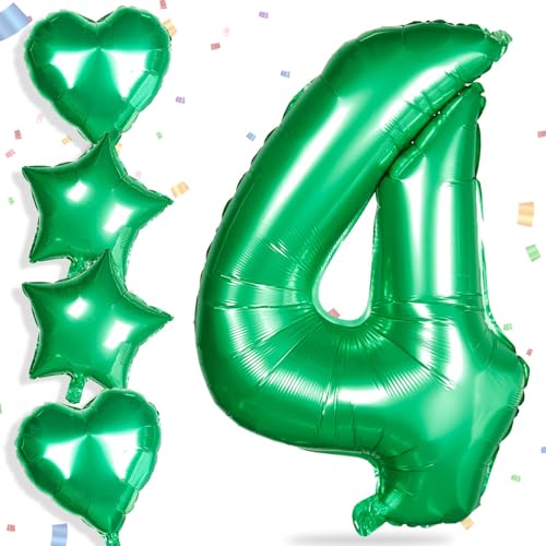 Yiran Folienballons mit Zahl 4, Grün, 81,3 cm, große Zahl 4 Geburtstagsballons mit 45,7 cm großen grünen Folien-Herzballons, Ziffern-Helium-Mylar-Zahlenballon für Jungen, Mädchen, Geburtstagsparty, von Yiran
