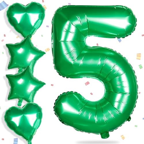 Yiran Folienballons mit Zahl 5, Grün, 81,3 cm, große Zahl 5, Geburtstagsballons mit 45,7 cm großen grünen Folien-Herzballons, Ziffern-Helium-Mylar-Zahlenballon für Jungen, Mädchen, Geburtstagsparty, von Yiran