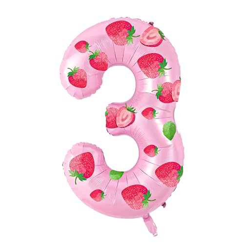 Yiran Helium-Mylar-Luftballons in Erdbeerrosa, Zahl 3, 81,3 cm, Helium-Folien-Luftballons zum 3. Geburtstag, rosa Geburtstagsdekorationen für Mädchen, Jungen, Kinder von Yiran