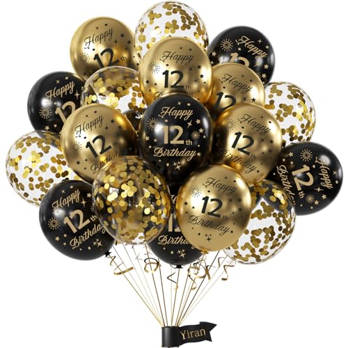Yiran 12. Geburtstag Deko Set - 15 Stück Luftballons für Junge Mädchen, Schwarz Gold Happy Birthday Ballons, Konfetti Luftballons für Birthday Party Yiran 12. Geburtstag Deko Set - 15 Stück Luftballons für Junge Mädchen, Schwarz Gold Happy Birthday Ballons, Konfetti Luftballons für Birthday Party von Yiran