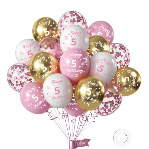 Yiran Luftballons 5 Jahre Geburtstag Deko, 16 Stück Geburtstag Deko 5 Jahre Mädchen, Happy Birthday Deko Luftballon Weiß Rose Gold, Deko 5 Geburtstag Konfetti Luftballons, Birthday Party Deko von Yiran