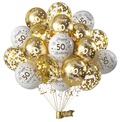Yiran 50. Geburtstag Deko für Frauen und Männer - 15 Stück Luftballons Weiß Gold, Happy 50th Birthday Ballons, Konfetti für Party Dekoration von Yiran
