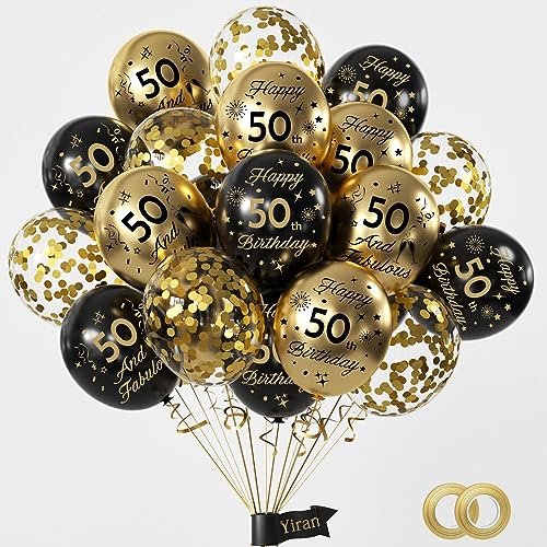Yiran 50. Geburtstag Luftballons Deko - 15 Stück Schwarz Gold für Junge Mädchen, Happy Birthday Ballons, Konfetti Luftballons, Party Dekoration von Yiran