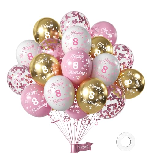 Yiran Luftballons 8 Jahre Geburtstag Deko, 16 Stück Geburtstag Deko 8 Jahre Mädchen, Happy Birthday Deko Luftballon Weiß Rose Gold, Deko 8 Geburtstag Konfetti Luftballons, Birthday Party Deko von Yiran