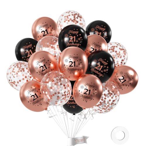 Yiran Luftballons zum 21. Geburtstag, Schwarz, Roségold, 15 Stück, für Mädchen, Happy 21st Birthday, Party-Deko, Zubehör für Sie, Alter 21 Jahre, Ballloons, Latex-Konfetti-Ballons von Yiran