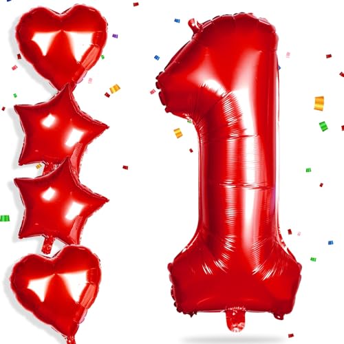 Yiran Roter Ballon mit Zahl 1, 81,3 cm, große Folienballons mit 4 Stück 45,7 cm Herzballon, Helium, für Erstjahr, Geburtstag, Dekoration, Jungen, Mädchen, Babyparty, Party, Hochzeit, Jahrestag, von Yiran