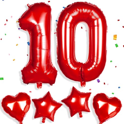 Yiran Roter Ballon mit Zahl 10, 81,3 cm, große Folienballons mit Zahl 10, mit 4 Herzballons, Helium, für 10. Geburtstag, Dekoration, Jungen, Mädchen, Babyparty, Party, Hochzeit, Jahrestag, Zubehör von Yiran