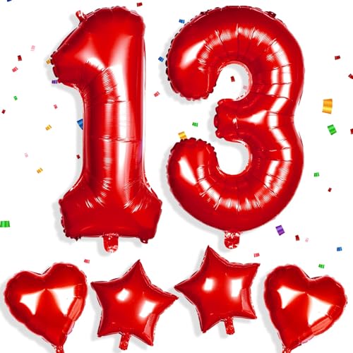 Yiran Roter Ballon mit Zahl 13, 81,3 cm, große Folienballons mit Zahl 13, mit 4 Herzballons, Helium, für 13. Geburtstag, Dekoration, Jungen, Mädchen, Babyparty, Party, Hochzeit, Jahrestag, Zubehör von Yiran