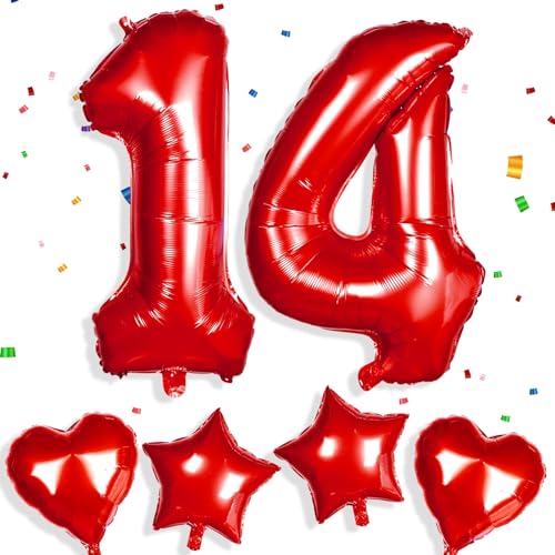 Yiran Roter Ballon mit Zahl 14, 81,3 cm, große Folienballons mit Zahl 14, mit 4 x 45,7 cm Herzballon, Helium, für 14. Geburtstag, Dekoration, Jungen, Mädchen, Babyparty, Party, Hochzeit, Jahrestag, von Yiran