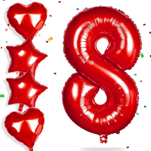 Yiran Roter Ballon mit Zahl 20.3 cm, 81,3 cm, große Folienballons mit 4 Stück 45,7 cm Herzballon, Helium, für 8. Geburtstag, Dekoration, Jungen, Mädchen, Babyparty, Party, Hochzeit, Jahrestag, Zubehör von Yiran