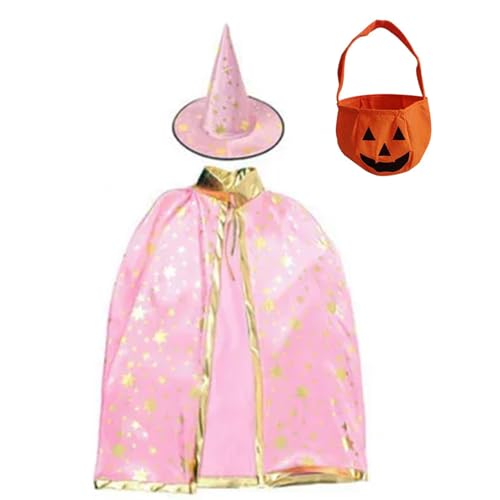 Yirtree Halloween-Umhang für Kinder, verstellbarer Halloween-Umhang mit Zaubererhut-Handtasche, bequemes, atmungsaktives Kostüm, erschwingliches Zaubererkostüm Rosa Einheitsgröße von Yirtree
