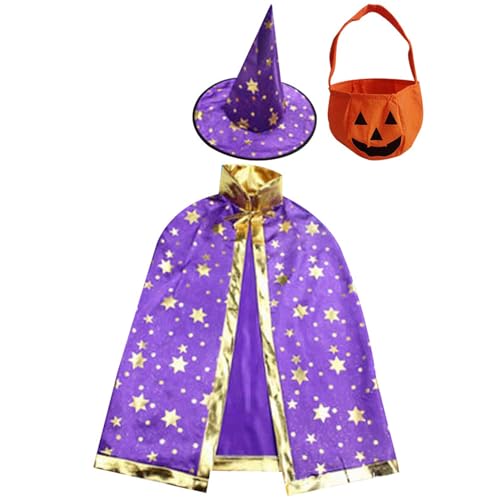 Yirtree Halloween-Umhang für Kinder, verstellbarer Halloween-Umhang mit Zaubererhut-Handtasche, bequemes, atmungsaktives Kostüm, erschwingliches Zaubererkostüm Violett Einheitsgröße von Yirtree