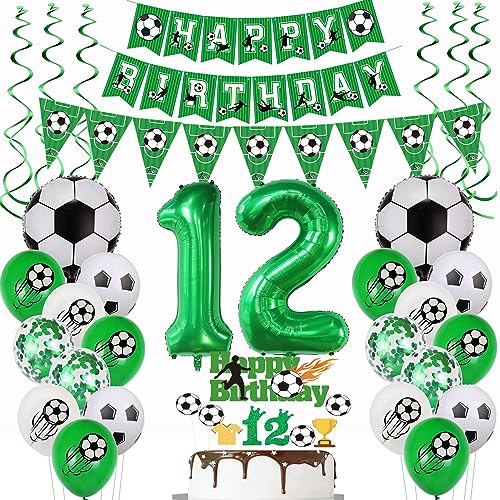 12 Jahr Fußball Geburtstag Deko,Fußball 12 Geburtstag Deko,Fussball Luftballon ,12 Ballon Grün, 12. Fußball Tortendeko,12.Geburtstagsdeko Fußball Torten Topper von Yishamei