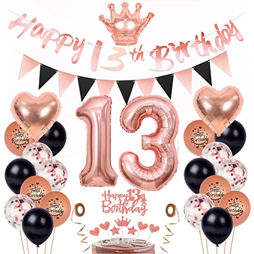 13. Geburtstag Deko Mädchen - Luftballon Roségold Schwarz, Kuchen Topper, Tortendeko - 13 Jahre Mädchen Geburtstagsdeko von Yishamei