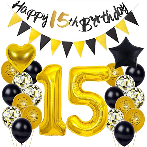 15 Geburtstag Deko, 15. Geburtstag Junge Mädchen, 15 Jahr Geburtstagdeko, Happy Birthday Girlande 15. Ballon Schwarz Gold Deko, Deko 15. Geburtstag Konfetti Luftballons 15. Geburtstagdeko von Yishamei