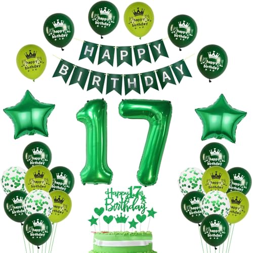 17. Geburtstag Deko Grün, luftsballon 17. Geburtstag Mädchen Junge Dekoration,Geburtstagsdeko 17 Jahre Mädchen ballon,Tortendeko 17. Junge Set von Yishamei