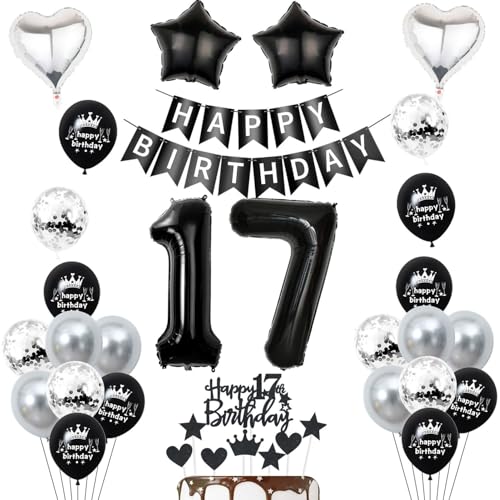 17. Geburtstag Deko Schwarz, luftsballon 17. Geburtstag Mädchen Junge Dekoration,Geburtstagsdeko 17 Jahre Mädchen ballon, Tortendeko 17. Junge Set von Yishamei