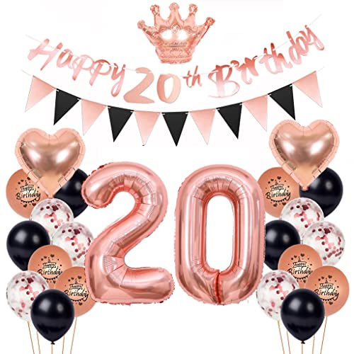 20. Geburtstag Deko Set für Frauen - Rosegold Schwarz Luftballons und Partydekoration für 20 Jahre von Yishamei