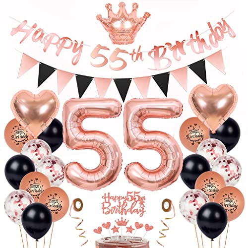 55 Geburtstag Deko Frau, Luftballon 55. Geburtstag Roségold Schwarz, Kuchen Topper 55. Geburtstagsdeko 55 Jahre Frau, 55 Deko Geburtstagsdeko mit 55. Tortendeko von Yishamei